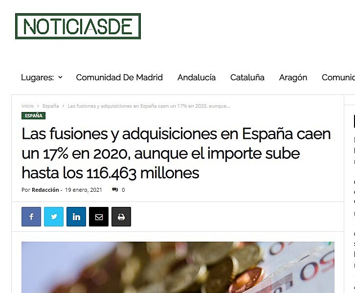 Las fusiones y adquisiciones en Espaa caen un 17% en 2020, aunque el importe sube hasta los 116.463 millones